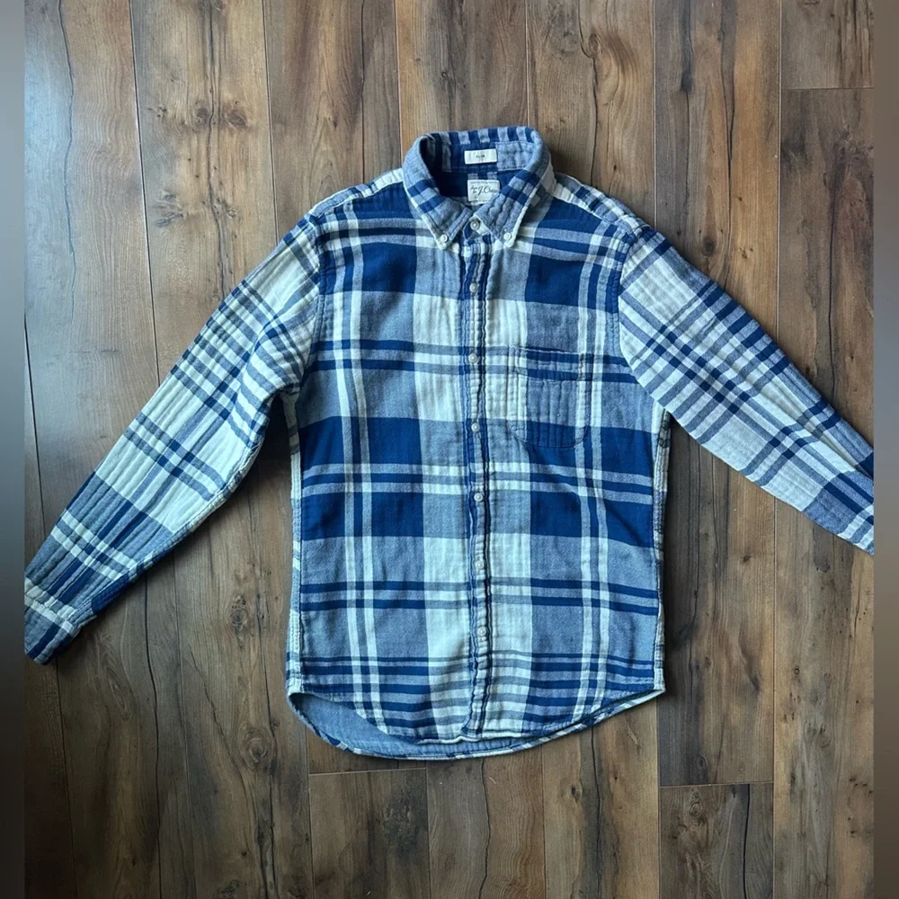 J.Crew Blue Plaid Flannel Shirt Mens Slim Medium Sustainable Re-Imagined